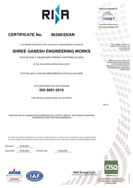 ISO 9001:2015 certificate, Shree Ganesh Engineering Works (signatures covered)