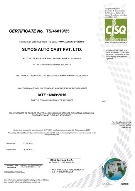 IATF 16949:2016 certificate, Suyog Auto Cast Pvt. Ltd.