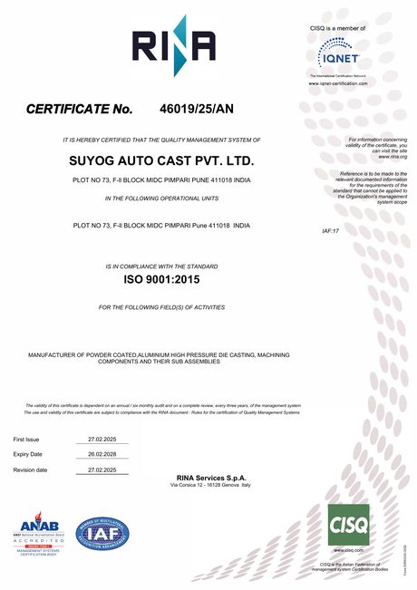 ISO 9001:2015 certificate, Suyog Auto Cast Pvt. Ltd. (signatures covered)
